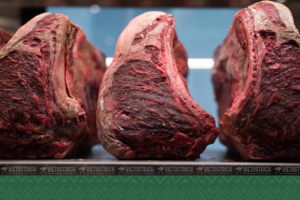 Thịt đà điểu nguyên khối trong tủ ủ dry-aged tại nhà.